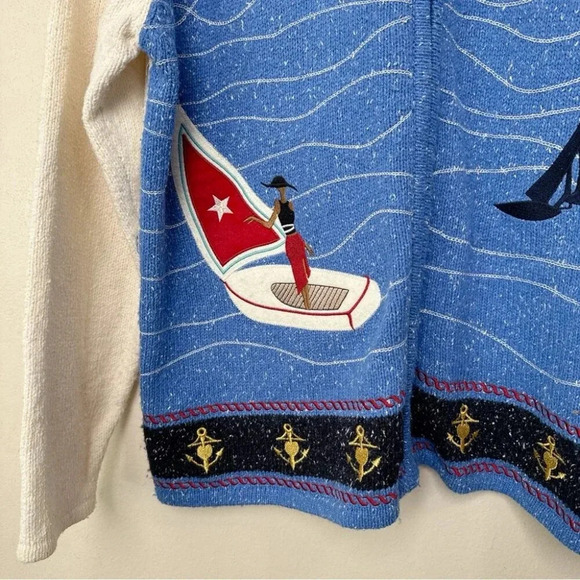 TANJAY Womens Medium Petite Sailboat Vintage Nautical Lady Embroidered Cardigan - Picture 9 of 16